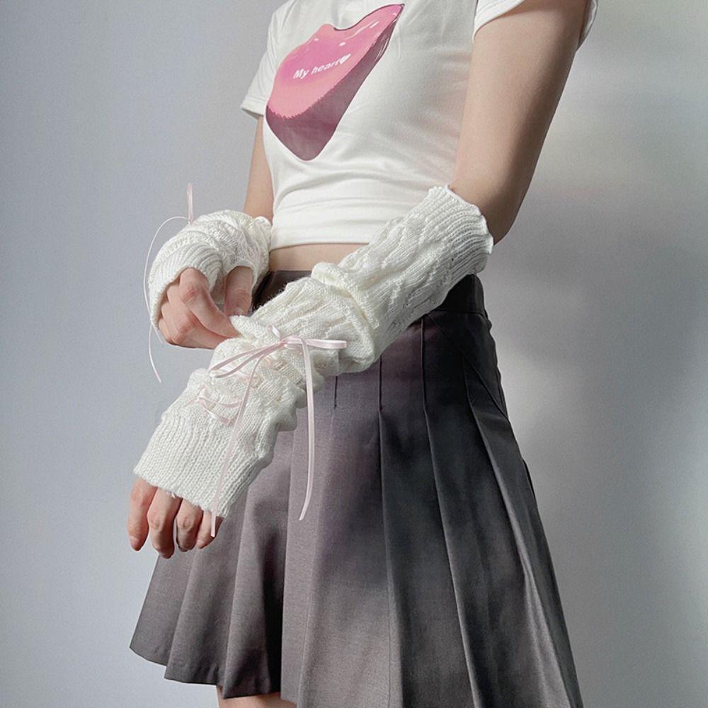 Harajuku Y2K Knitted Gloves Gothic JK Lolita Arm Sleeves Anime Bowknot Oversleeve Ladys