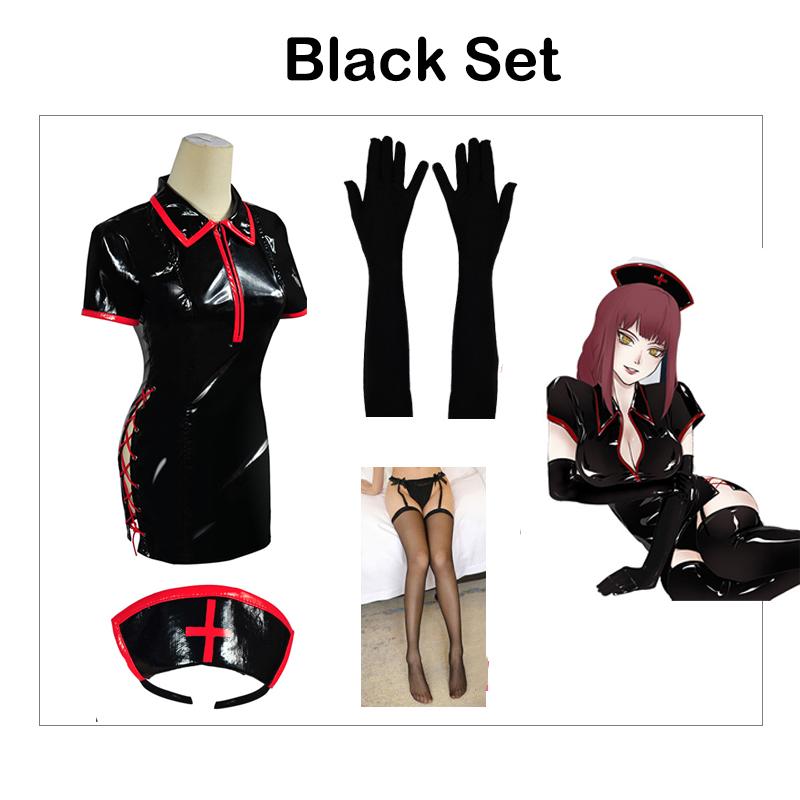 

Makima Man Chainsaw Nurse Uniform Cosplay Costume Pu Suit Wig Carnival Halloween BlackSet,XL