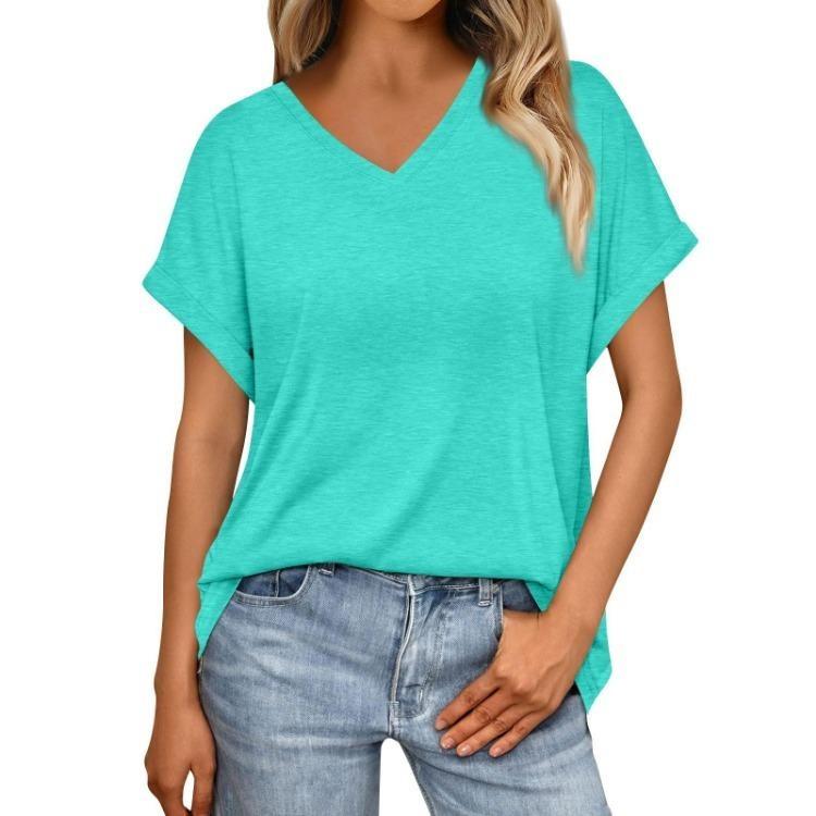 Damen Sommer V-Ausschnitt T-Shirt Locker Kurzarm Einfarbig Mode Top