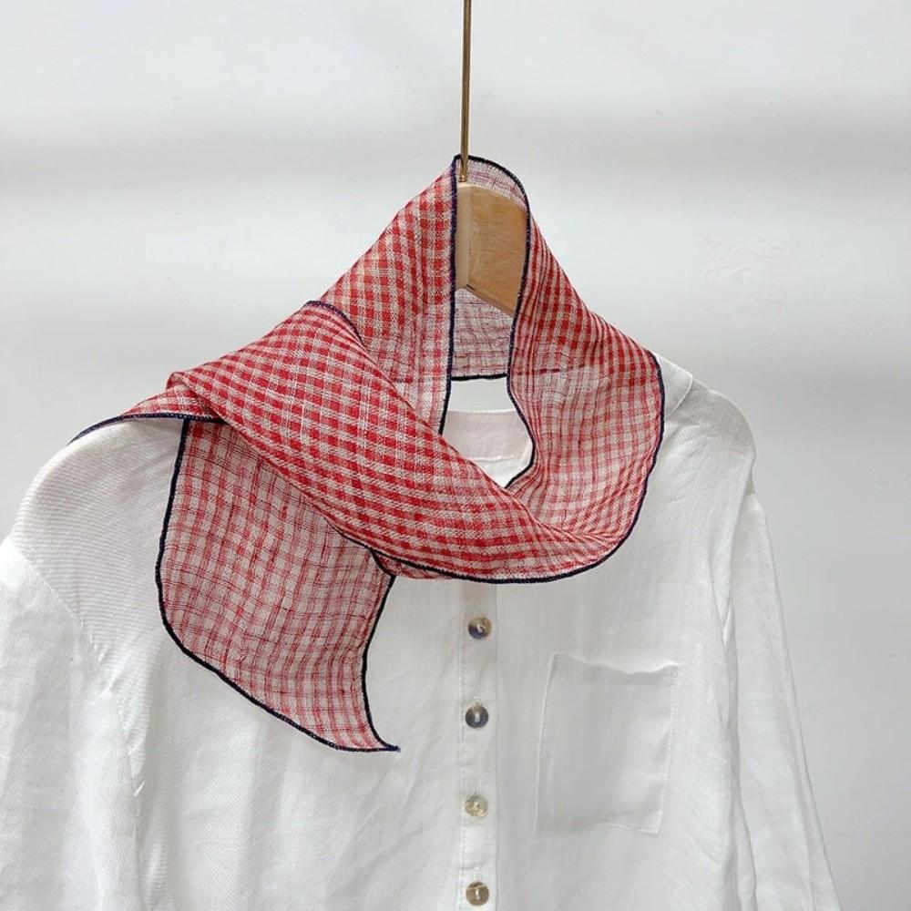 Summer Navy Blue Polka Dot Small Neck Tie Printing Linen Women's Long Scarf 10*103cm Striped Small Silk Scarf Neck Protection