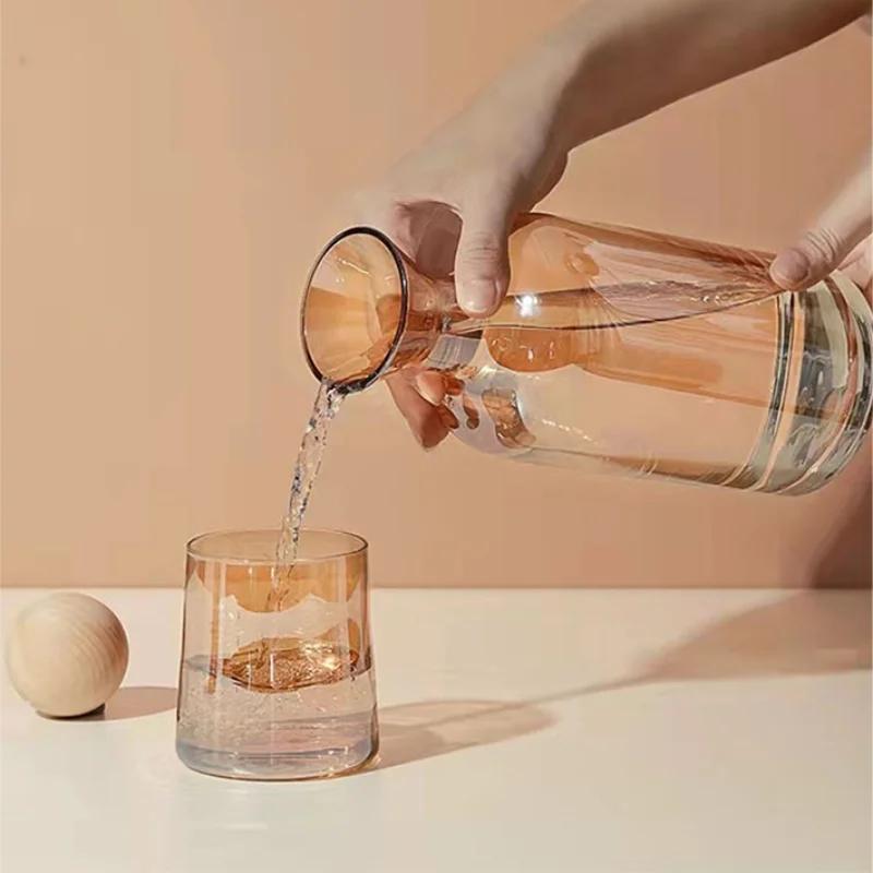 Luksusowy szklany zestaw kubków na zimną wodę czajnik skandynawski styl karmelowy dzbanek na wodę drewniana pokrywka czajnik domowy dozownik wody