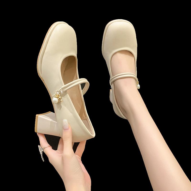 Mary Jane damskor 2025 nya älv tjocka klackar högklackade små läderskor enkla skor damskor aftonskor