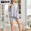 GMXIA Fashion Casual Sportswear Pajamas Women Spring and Autumn Models Solid Colour Long-sleeved Shorts Two-piece Homewear