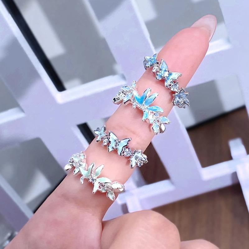 Spring And Summer Small Fresh Mint Green Enamel Dripping Oil Butterfly Opening Ring Personalized Niche Light Luxury High-End Ring