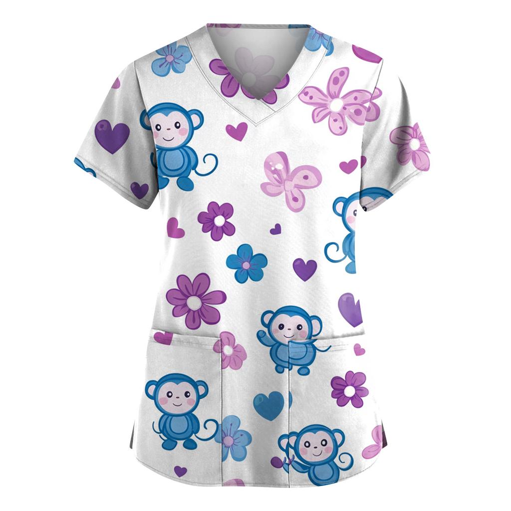 Women's Fashion Short Sleeve Cute Animal Printed V-Neck Pocket Workwear Tops