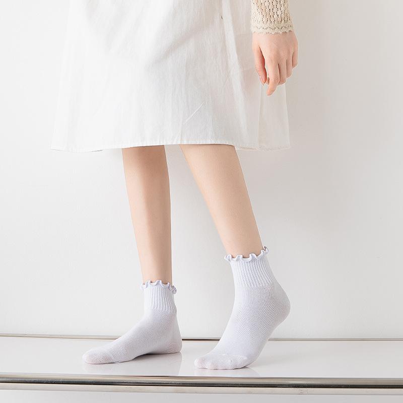 Cotton Socks Women INS Fashion Summer Cute Kawaii Solid Luxury Korean Japanese Ruffles Ankle Girl Spring Black White Middle Tube