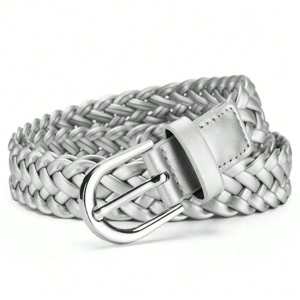 Nieuwe Artistieke Jeugd Geweven Leren Riem Vintage Gesp Riem voor Dames Casual Kleding met Jeans Dunne Riem 110*2.3 zilver