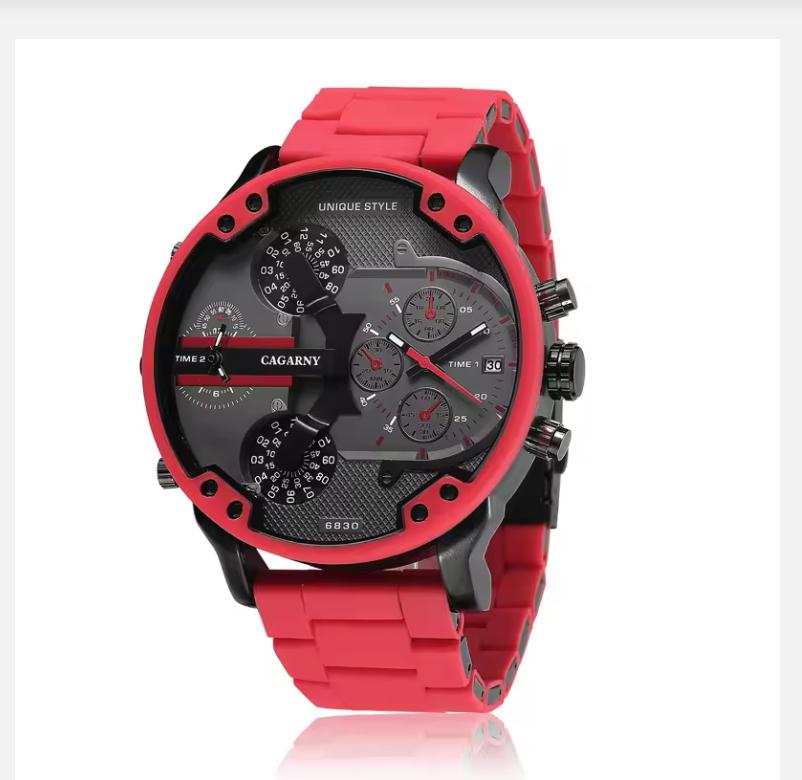 Cagarny Quartz Watch For Men Cool Big Case Red Silicone Steel Band Sports Wristwatch Man Military Relogio Masculino D7370