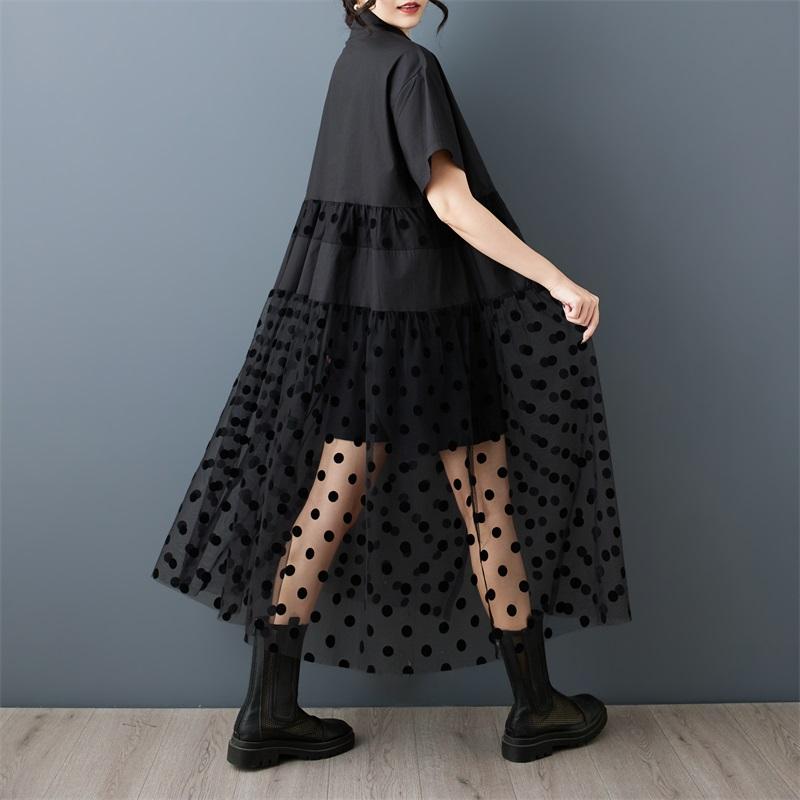 Manches courtes Grande taille Vintage Coton Maille Patchwork Nouveauté Robes pour femmes Décontracté Lâche Long Robe chemise d'été