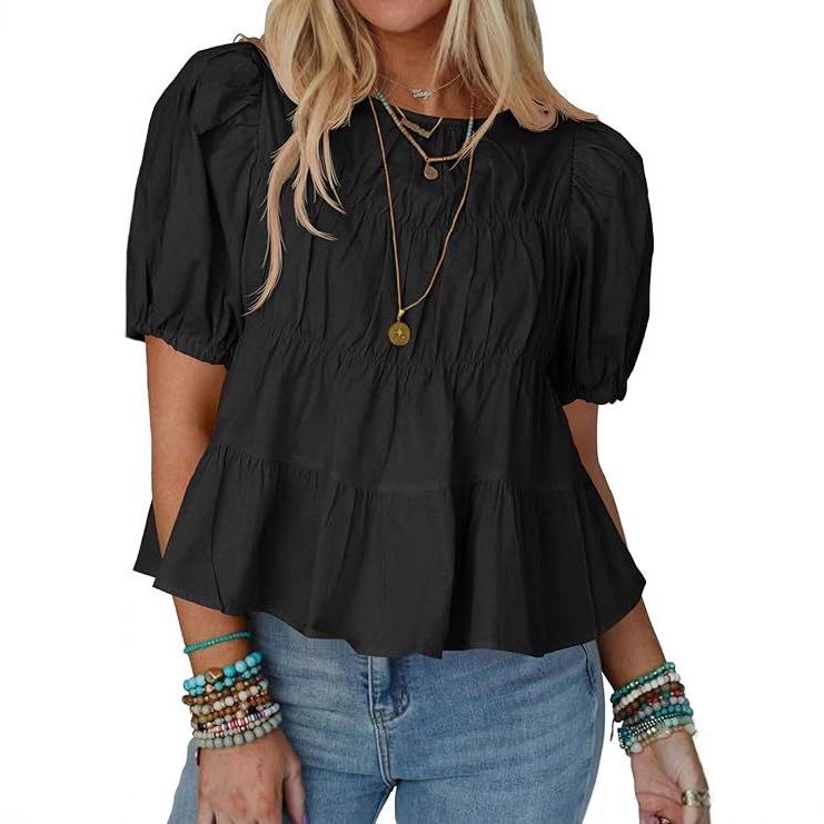 New Summer Puffed-sleeve Doll Shirt, Short-sleeved Loose and Casual A-line Pleated Stylish Top