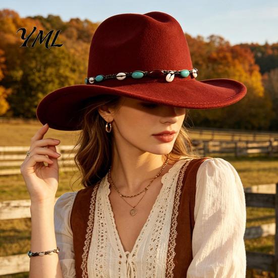 Wide Brim Felt Hat Wool Fedora, Unisex Western Cowboy Hat, Retro Sun Protection Fall Cowgirl Jazz for Women Men Autumn Winter Large Face Slimming