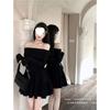 French Temperament One-word Collar Short Skirt Long-sleeved Dress Women's Autumn Clothing Sweet Spice Girl Slim Waist Small Black Dress