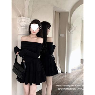 French Temperament One-word Collar Short Skirt Long-sleeved Dress Women's Autumn Clothing Sweet Spice Girl Slim Waist Small Black Dress