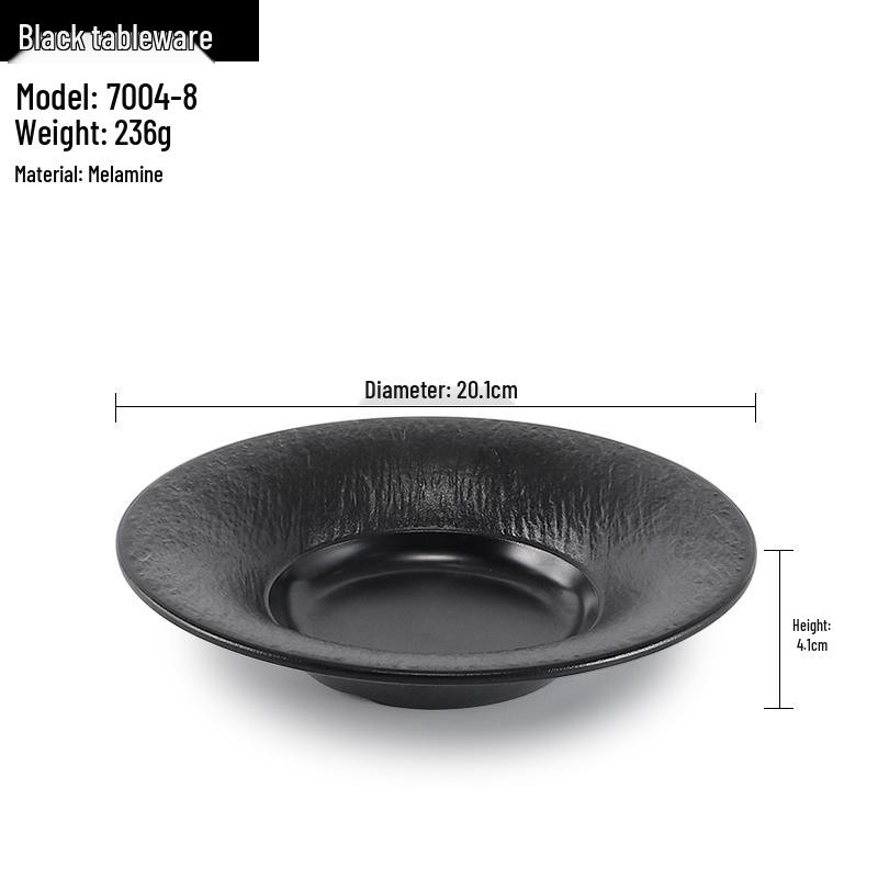 Melamine Black Round Plate for Pasta, Steak, Hot Pot, BBQ, and Tableware