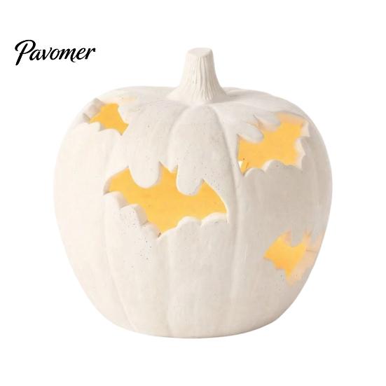 Unique Halloween Party Favors Pumpkin Resin Figurine, Bat Hollow Out Lantern with Creepy Fireplace Accents Warm Light, Spooky Indoor Outdoor