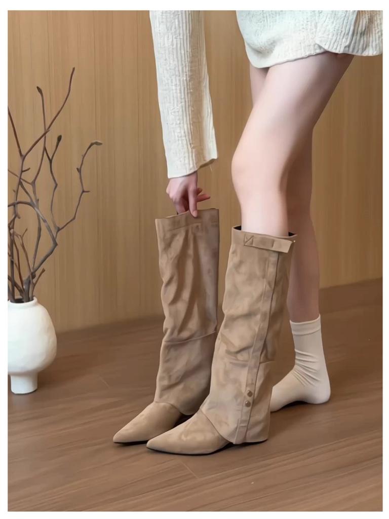 Genuine leather! Pointed wedge trouser boots women's 2025 suede retro tall knight boots slim western boots long boots