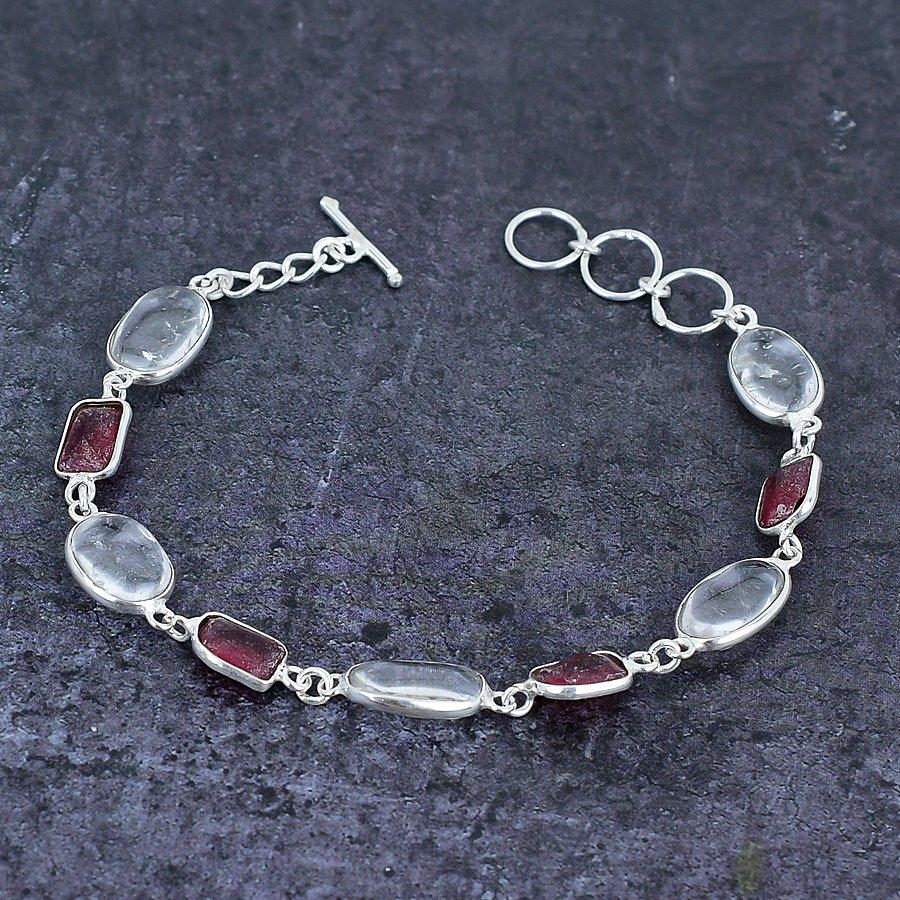 White Topaz, Garnet Gemstone 925 Sterling Silver Bracelet 7-8"