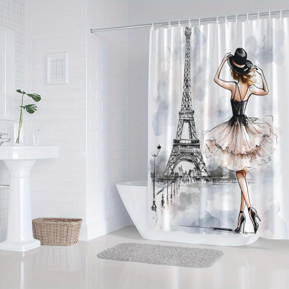 Watercolor Paris Shower Curtain Eiffel Tower Woman Dancing Artistic Style Romantic Decor Waterproof Bath Curtain Home Decor
