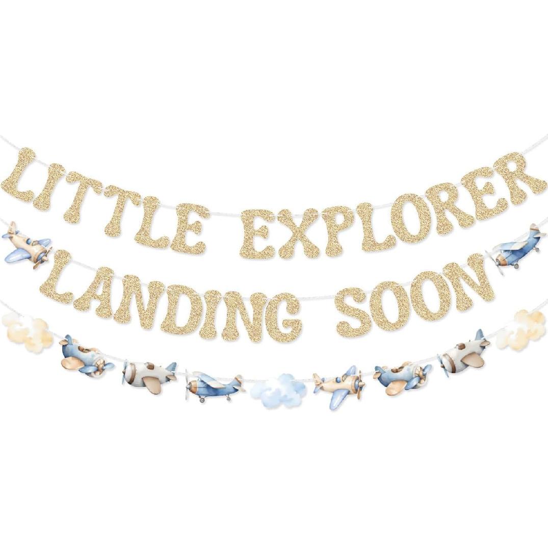 Little Explorer Landing Soon Banner Airplane Garland for Blue Airplane Baby Shower Adventure Awaits Baby Shower Decorations