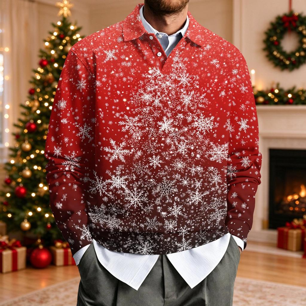 Men's Casual Loose Fit Long Sleeve Collared Shirt with Christmas Print for Holiday Parties