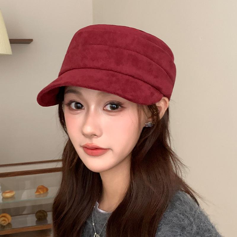 Retro Pleated Suede Flat-top Equestrian Hat for Women In Autumn and Winter Newsboy Hat Versatile Face Showing Small Duck Tongue Beret