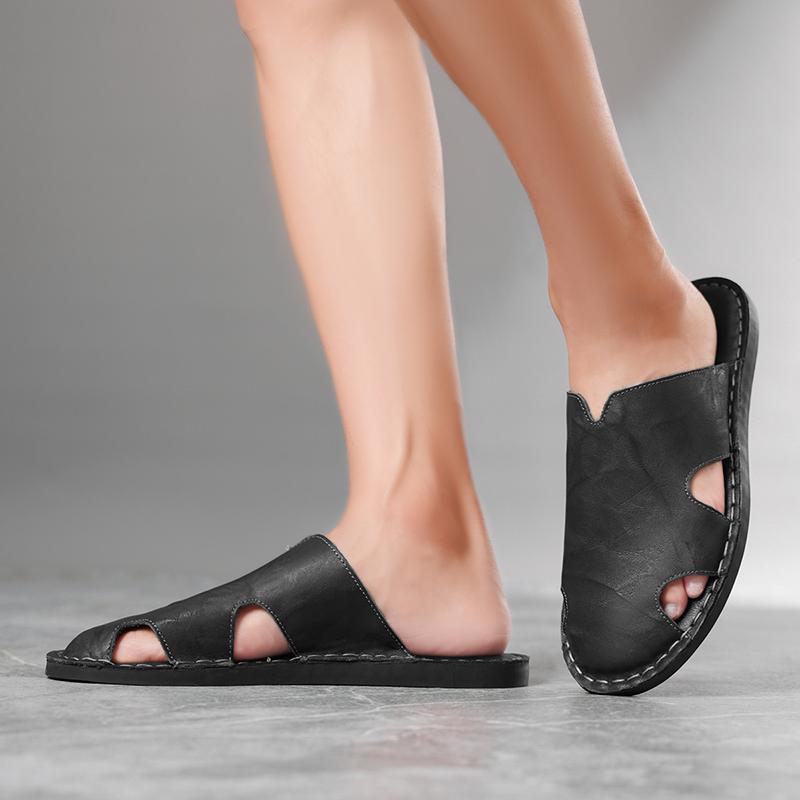 Men Slippers Handmade Simple Flats Brown Leather Sandals Black Summer Roman Sandals Closed Toe Beach Shoes Plus Size