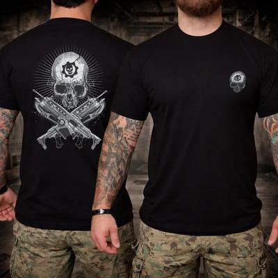 Tactical Skull Gun Bones Graphic T-Shirt ? Military Style Crossed Rifle Design,