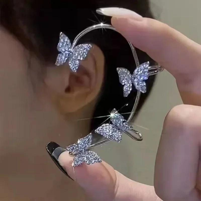 Silver Plated Metal Butterfly Clip Earrings for Women Ear Clips Without Piercing Sparkling Zircon Ear Cuff Fashion Jewelry