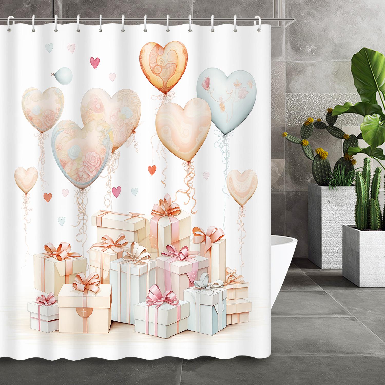 

Love Balloon Heart Gift Box Shower Curtain With 12 Hooks – Romantic Birthday Party Bath Decor & Partition Curtain W60H190(CM)-1 Pcs