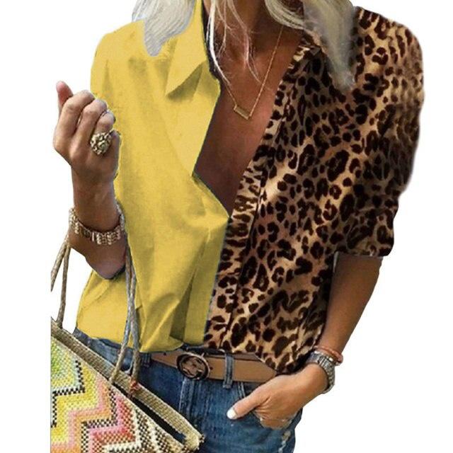 Casual Long Sleeve Leopard Print Patchwork Loose Blouses and Shirts Elegant Office Lady Chiffon Blouse Oversized Top