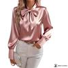 Women's Satin Blouse Long Sleeve Bow Tie Neck Elegant Office Shirt Dressy Top