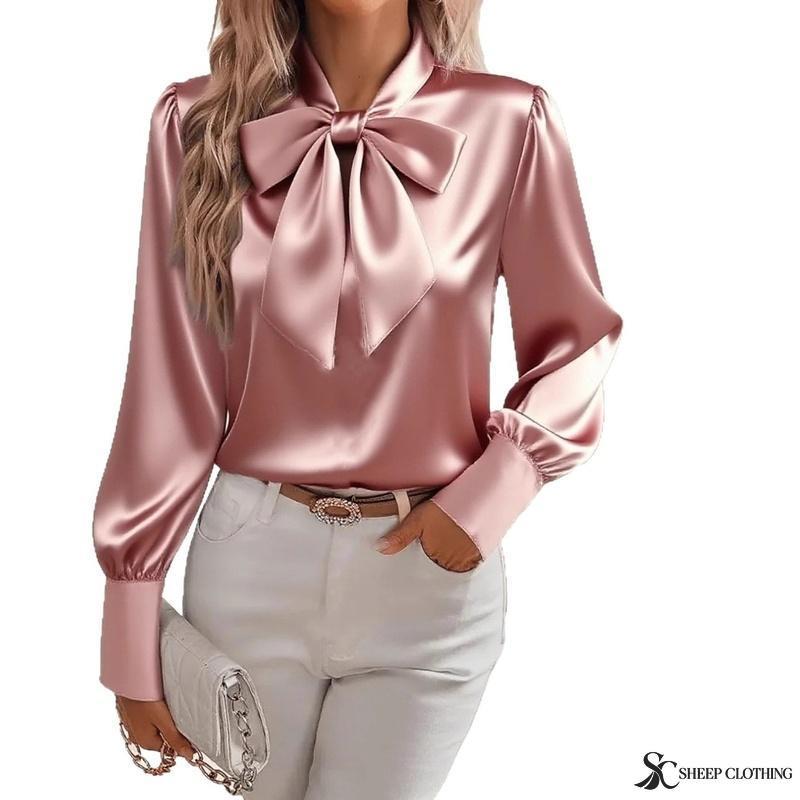 Women's Satin Blouse Long Sleeve Bow Tie Neck Elegant Office Shirt Dressy Top