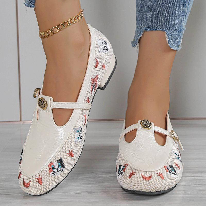 Fashion Low Heel Single Shoes Women's Fashion Round Toe Shallow Mouth Embroidered One Strap Anti-Slip Wear-Resistant Low Top Shoes