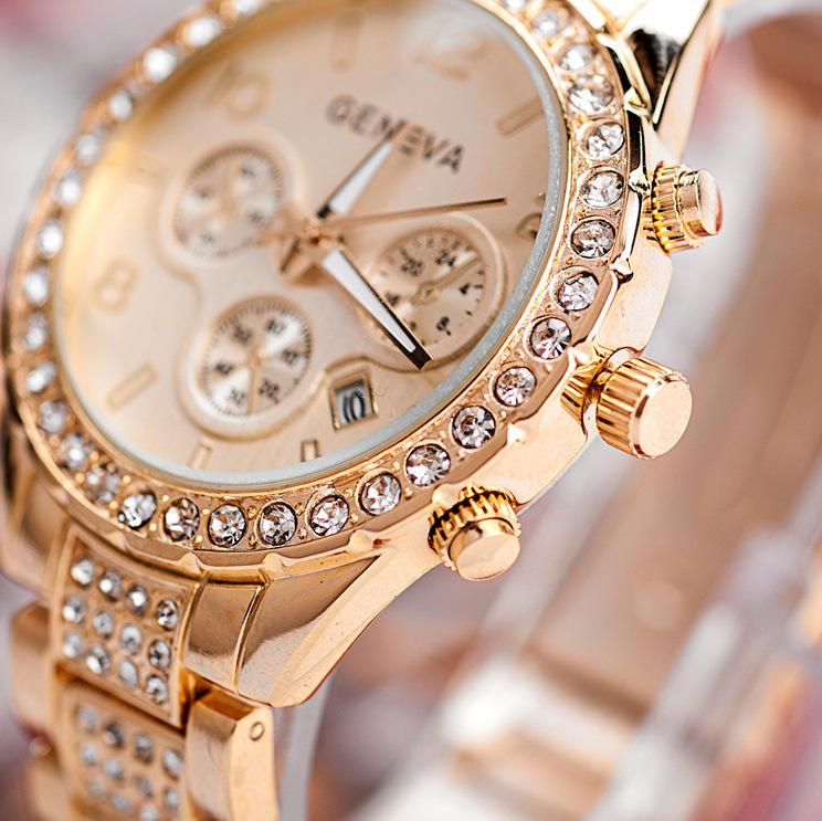 Geneva Diamond-Studded Steel Band Women's Fashion Watch - Elegant Three-Eye Design