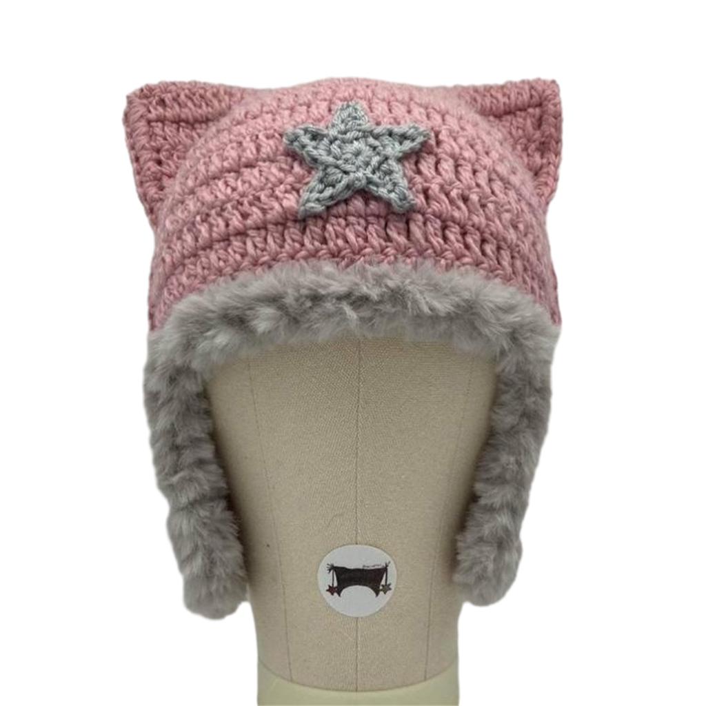 High Elastic Windproof Cat Ear Hat Knitted Stripe Pattern Hat for Women Men Keep Ear Warm Hat with Dangle Star Tassels
