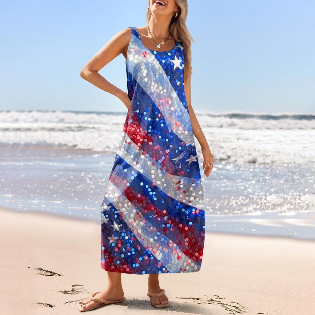 Women's Casual Long-length Sundress Summer Beach Dress Round Neck Sleeveless Loose Sundress