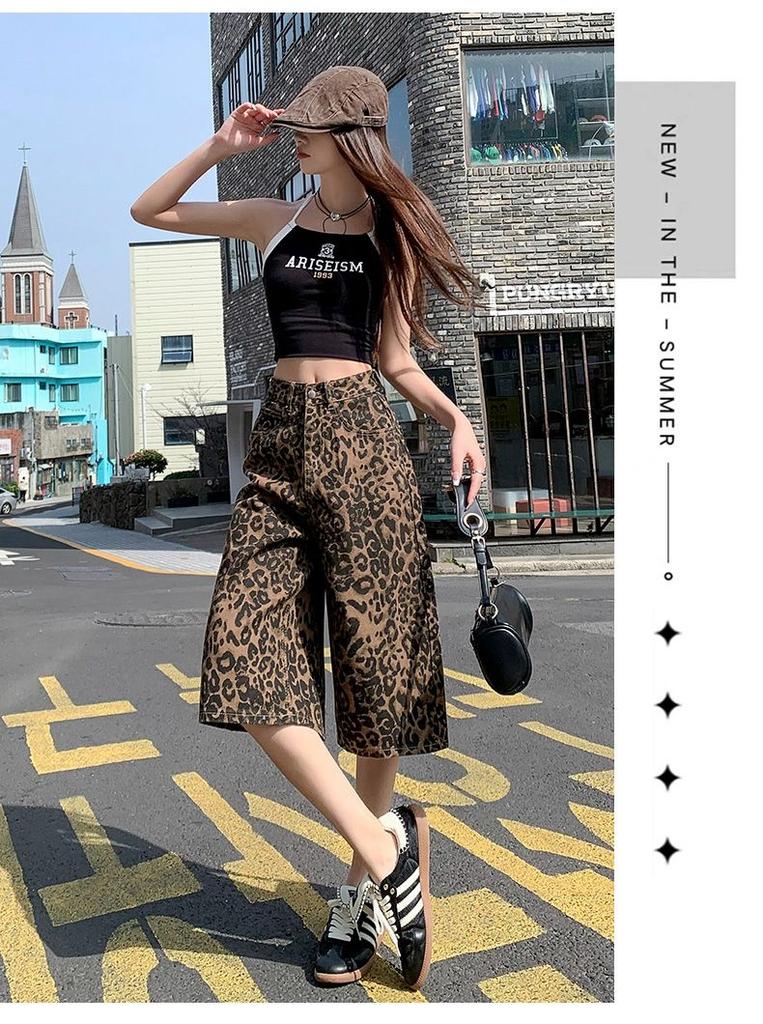 Gedijie leopard print wide leg denim shorts, women's high waisted versatile casual loose straight leg pants