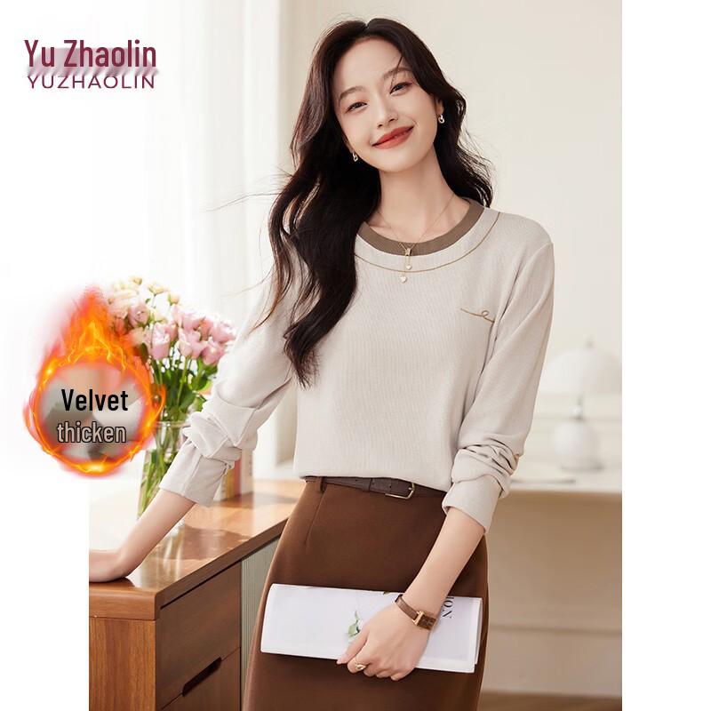 Yuzhaolin Women s Color-Block Round Neck Fleece-Lined Base Layer T-Shirt L