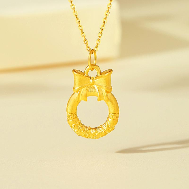 5D Pure Gold Butterfly Bow Knot Auspicious Clouds Qiankun Cudgel Princess Peace Buckle Necklace