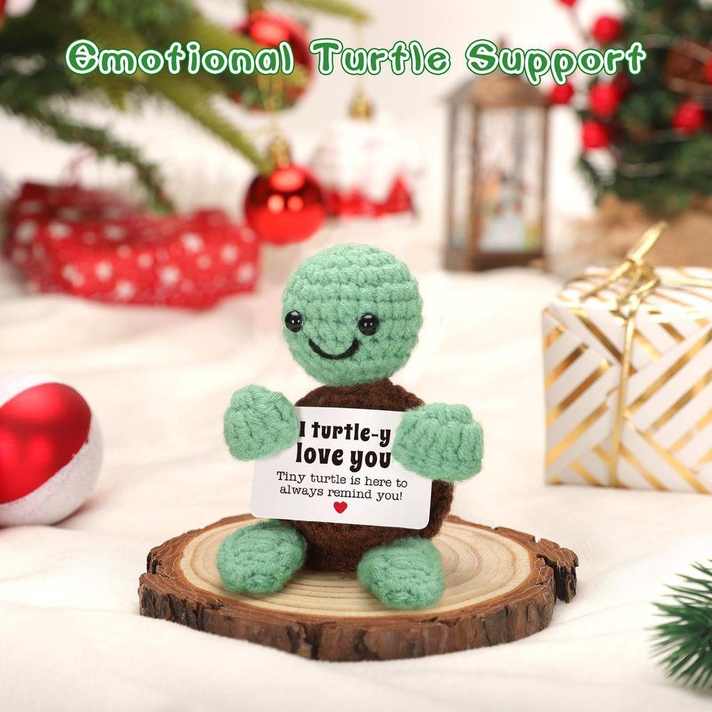 Mini Funny Turtle Positive Crochet Animals Doll With Card Desktop Ornament Emotional Support Handmade Knitted Cheer Up Toy