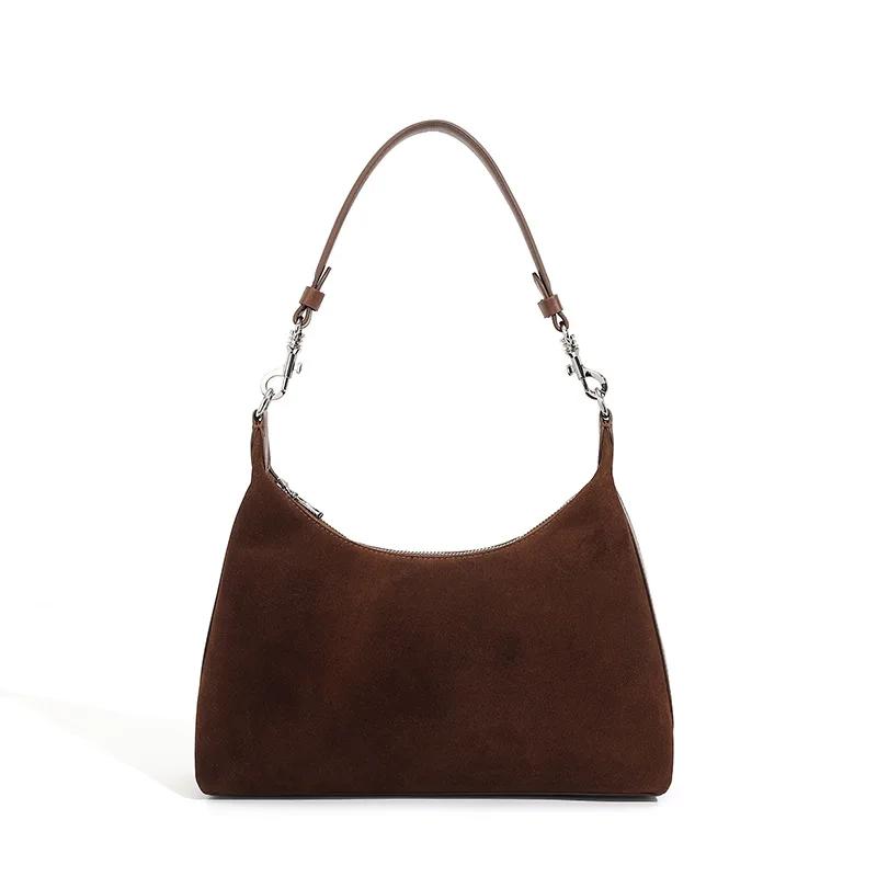 Pure Suede Cowhide Leather Women's Underarm Shoulder Crossbody Bag For Ladies Velvety Versatile Commuting Trendy Hand Bags
