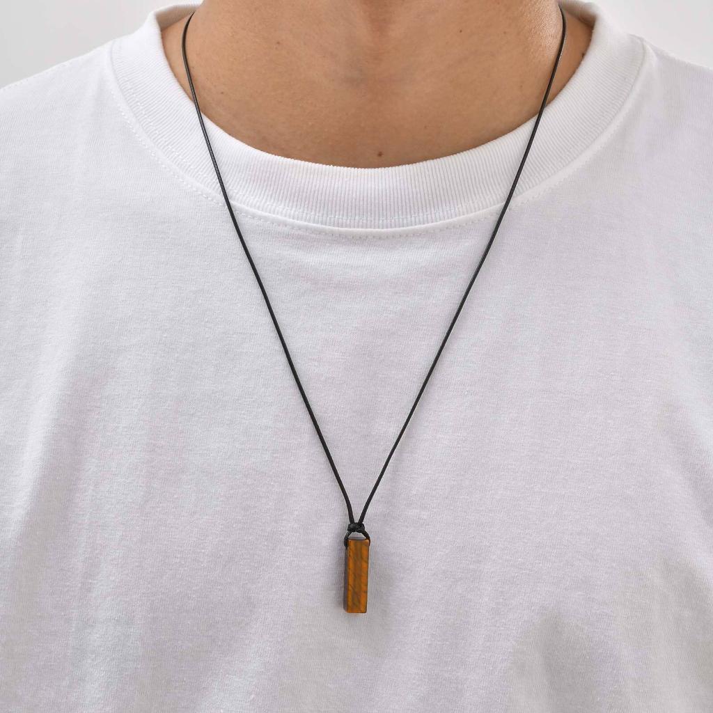 Vnox Black Wax Rope Natural Stone Pendant Necklace, Green Dongling Tiger Eye Pendant Adjustable Leather Cord Jewelry for Men Him