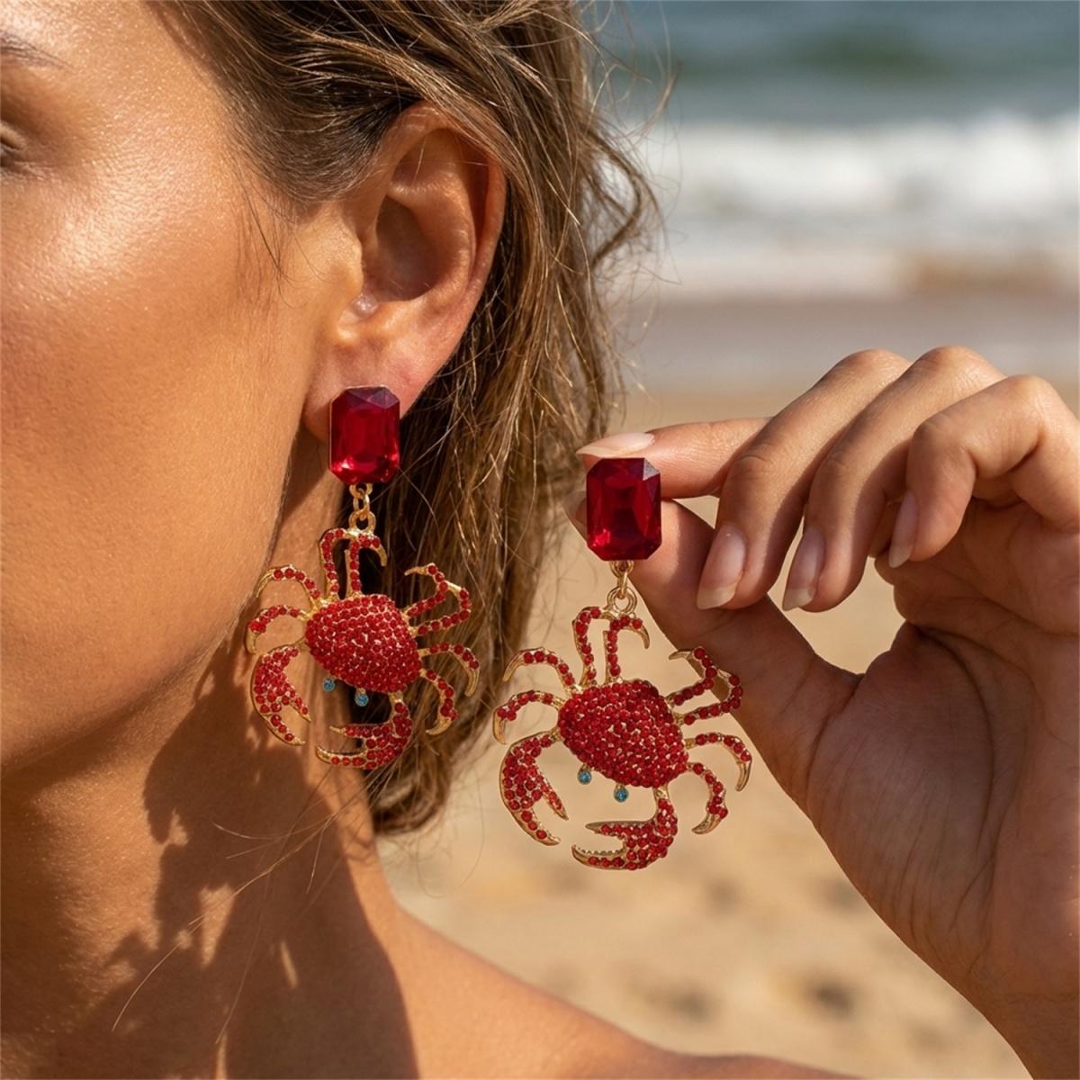 

Sparkling Full Rhinestone Square Crab Dangle Earrings For Women Men Summer Ocean Sea Animal Earring Beach Party Vacation Jewelry