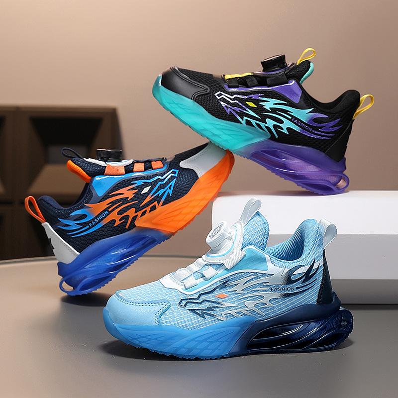 Children's Breathable Boys' Button Shock-absorbing Non-slip Sports Shoes Air Cushion Soft Elastic Mesh New Spring Rotating Running Shoes