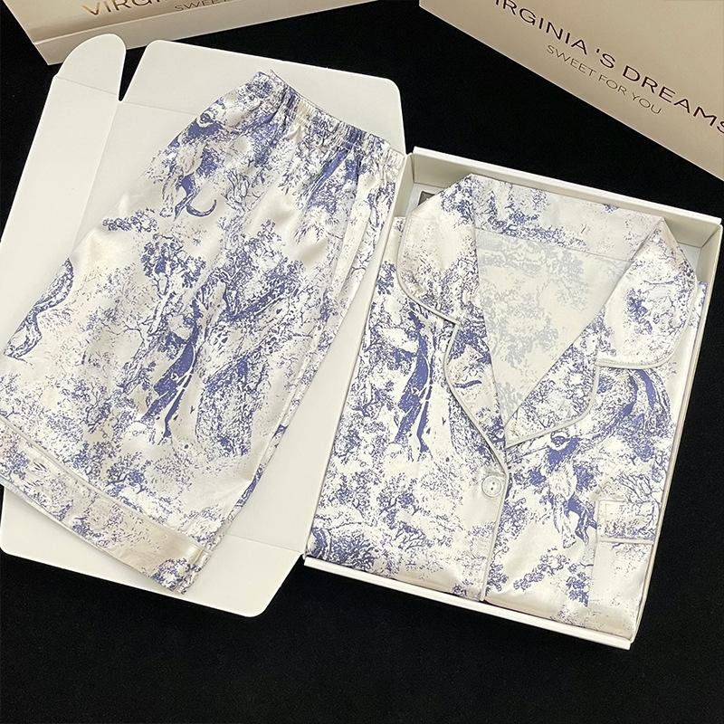 Luxuriöser Sommer-Pyjama mit Tinte gefärbter Landschaft für Damen, kurzärmeliges Oberteil und Shorts, Damen-Loungewear