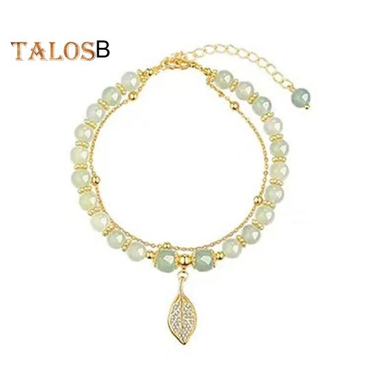 Women Bracelet Faux Jade Smooth Bead Leaf Peatnut Pendant Good Luck Adjustable Length Rhinestone Lady Bangle Prom Daily Wrist Jewelry