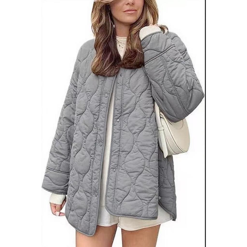 2025 Autumn Winter New European American Style Quilted Simple Solid Color Round Neck Loose Cotton Coat Outerwear