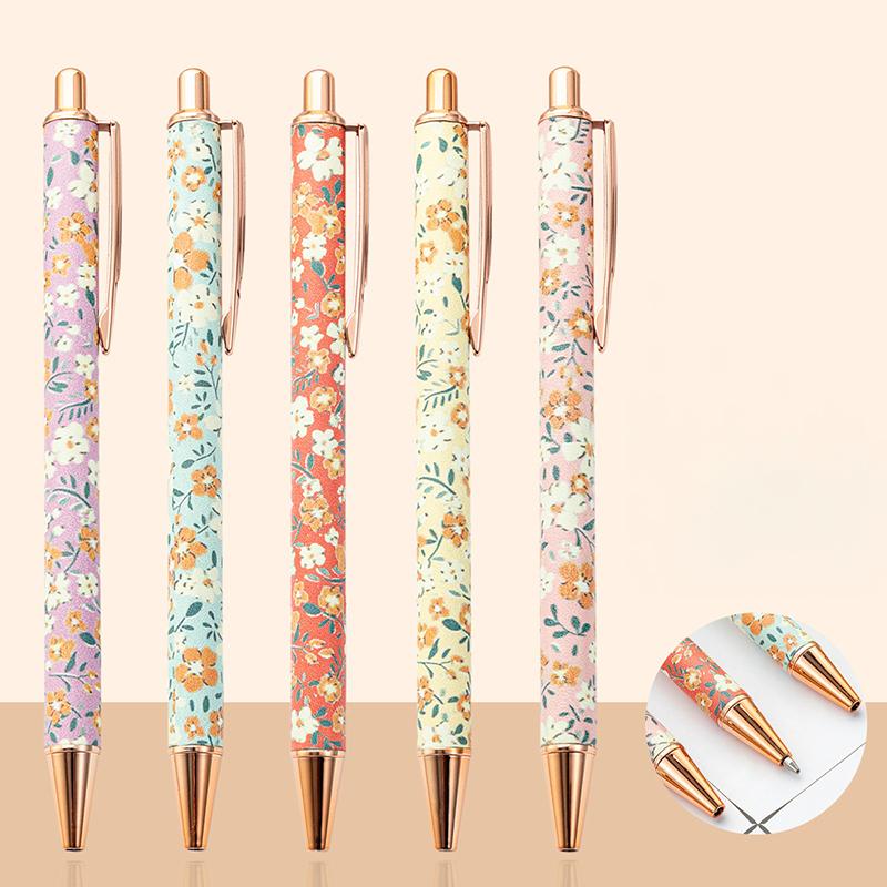 1.0mm Exquisite Flowers Ballpoint Pens Kawaii Floral Signature Pens Smooth Writing Metal Press Gel Pens Gifts Office Supplies