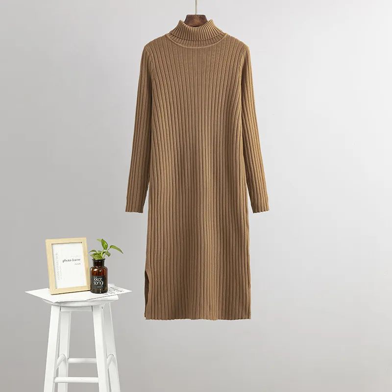 Cross-Border Knitted Base Dress Women Inner wear Autumn and Winter New High Collar Mid-Length Temperament Sweater Long dress over the Knee