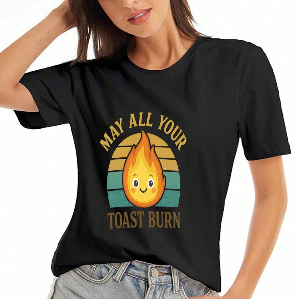 Toast Burn Cotton T Shirt, Pure Cotton Premium Print, Durable And Casual Fashion, Featuring A Funny Fire Character Wishing You Burnt Toast Everyday,